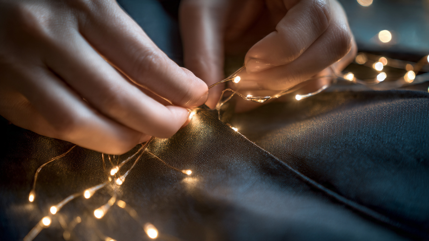 Close-up of hands placing flexible LED fairy lights along a garment hemline — DIY wearable LED costume tutorial