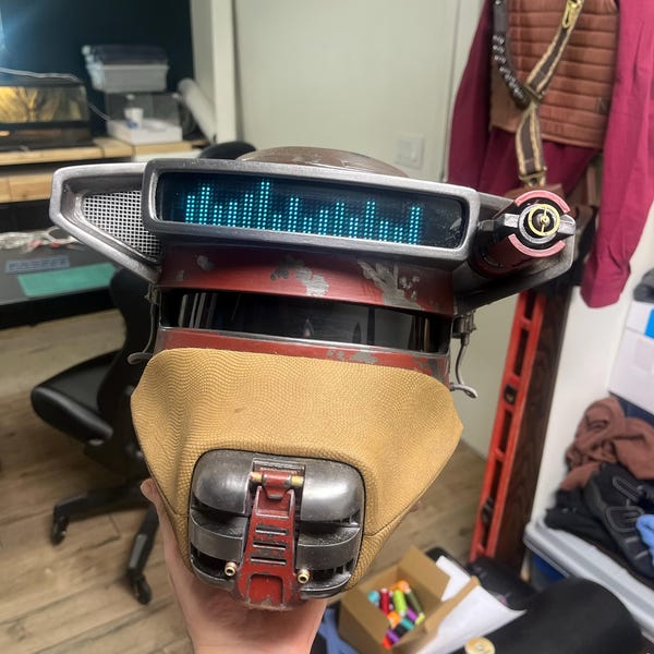 Cosplay helmet with LED matrix panel by Chris — LED display ready for helmet integration